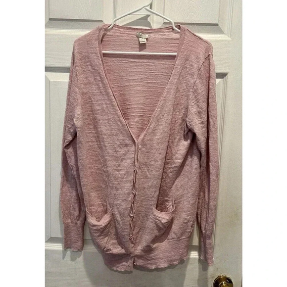 J. CREW Sweater Women's Large Pink Linen Blend Button V-neck LS Cardigan Pockets - Picture 1 of 7
